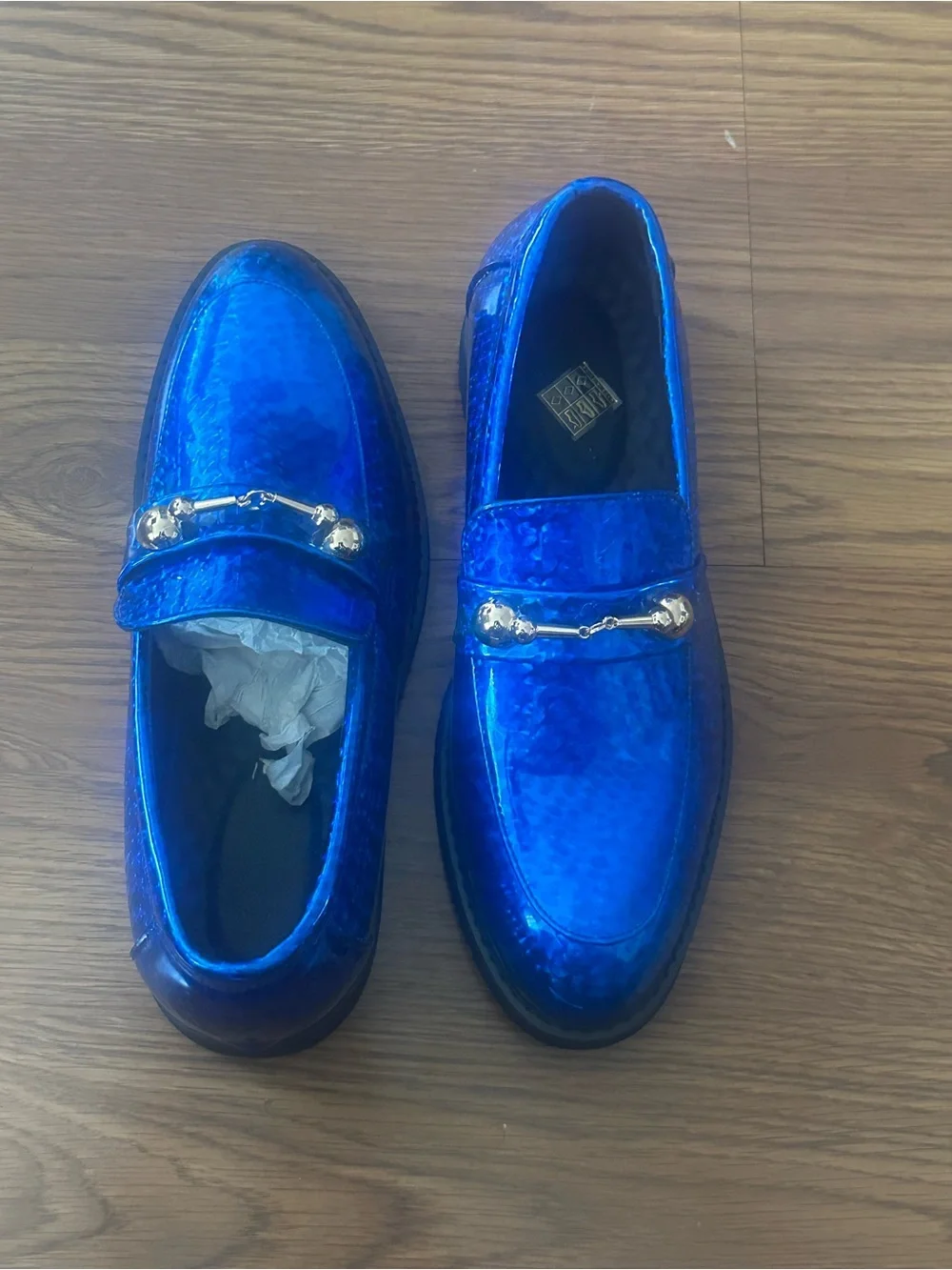 Men's Shiny Blue Slip-On Loafers with Gold Bit Detail